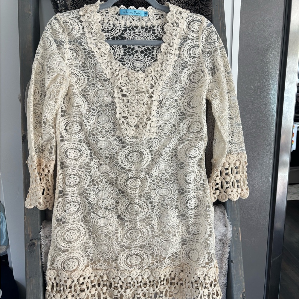 Elegant Sheer Cream Lace Coverup Dress